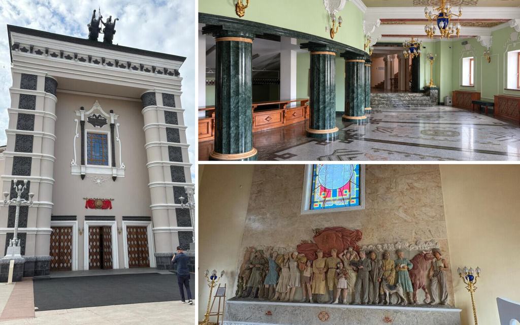 Buryat Devlet Opera ve Bale Tiyatrosu’nun dış cephesi, iç mekânı ve Halkların Kardeşliği rölyefinden oluşan kolaj